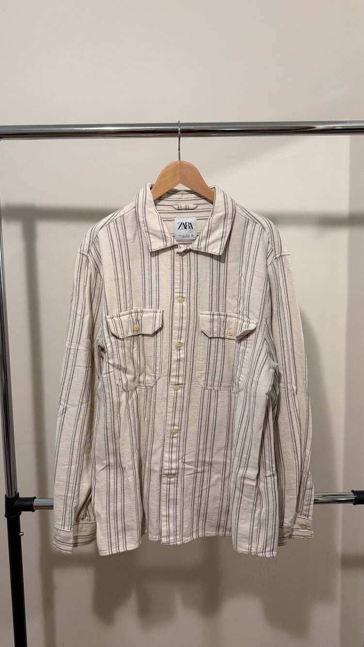 ZARA new Textured Striped Cream Overshirt Light Jacket Zipper Size S
